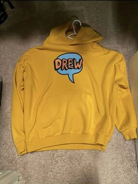 drew house Yellow Graphic Hoodie with Blue & Orange Logo